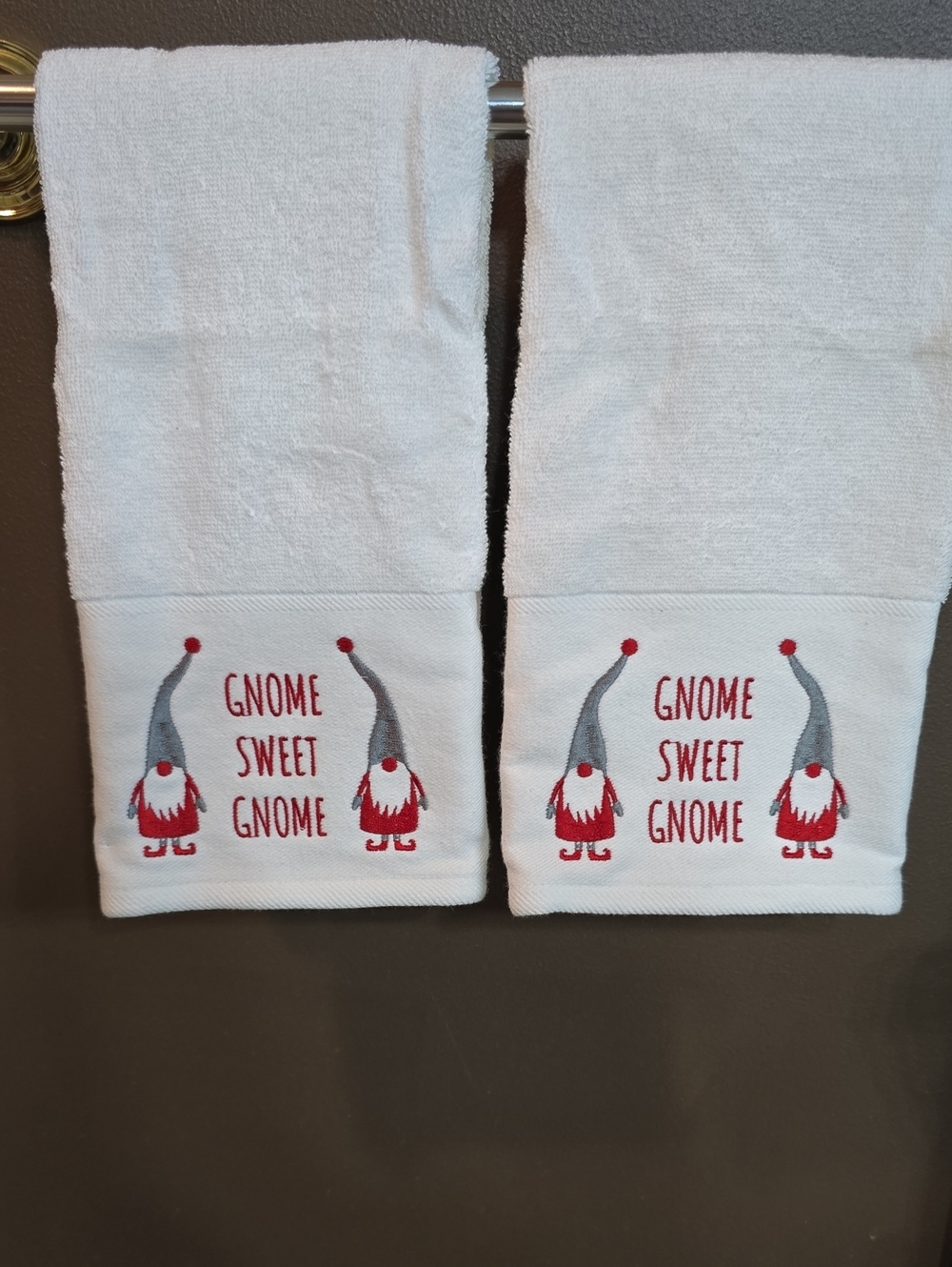 White Gnome Sweet Gnome Embroidered Hand Towels - Set of 2